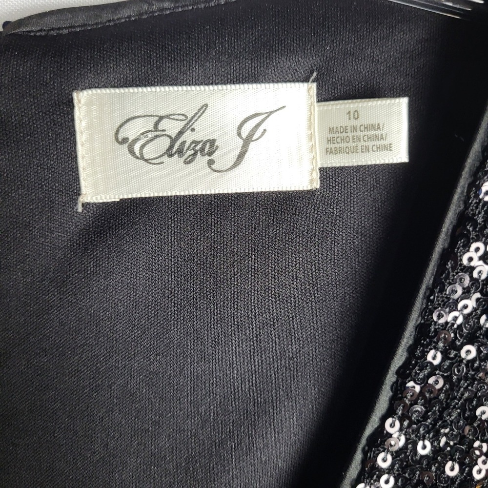 Eliza J Sequined Dress Women's 10 Black Faux Wrap Balloon Sleeves V Neck NWT - Picture 6 of 16